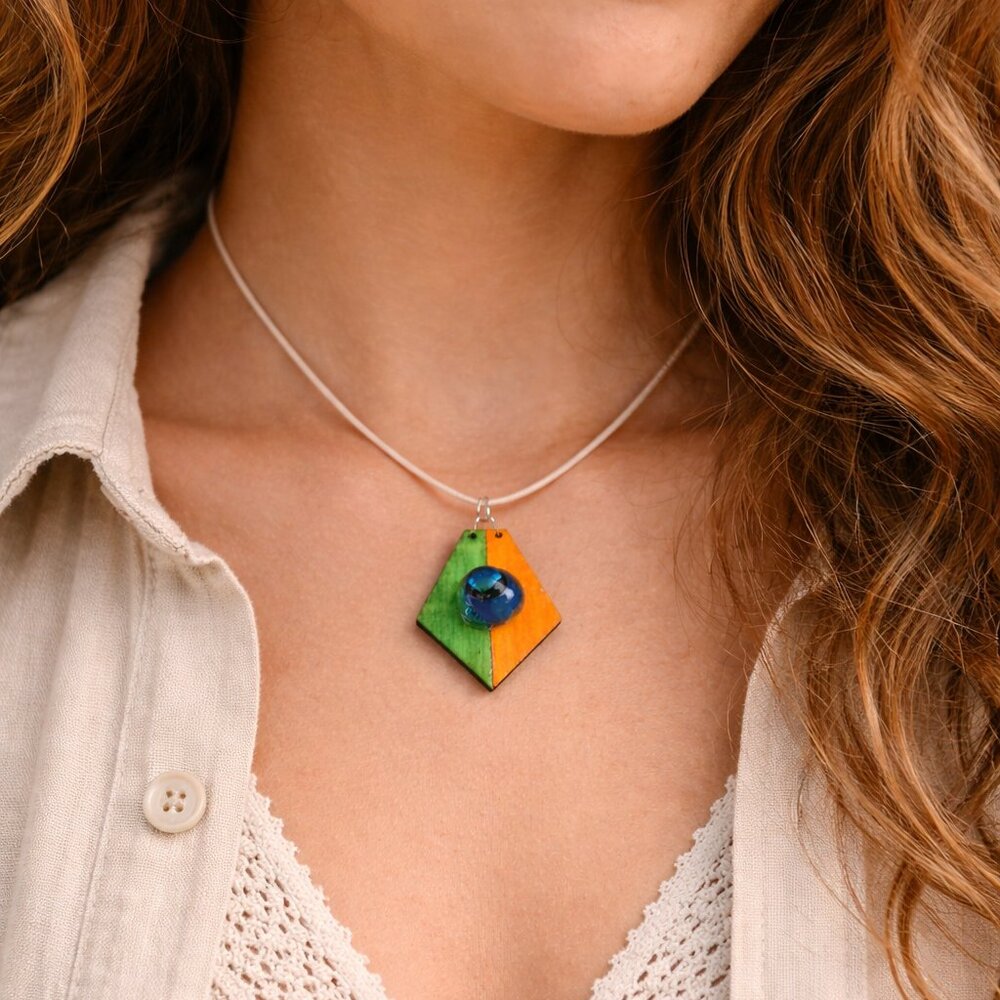 Bohemian Wood and glass Handmade Necklace jewelry